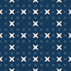 Obraz premium Simple minimalist floral texture. Geometric seamless pattern with small flower silhouettes, crosses. Vector abstract background. Deep blue and beige minimal ornament. Repeat design for decor, textile