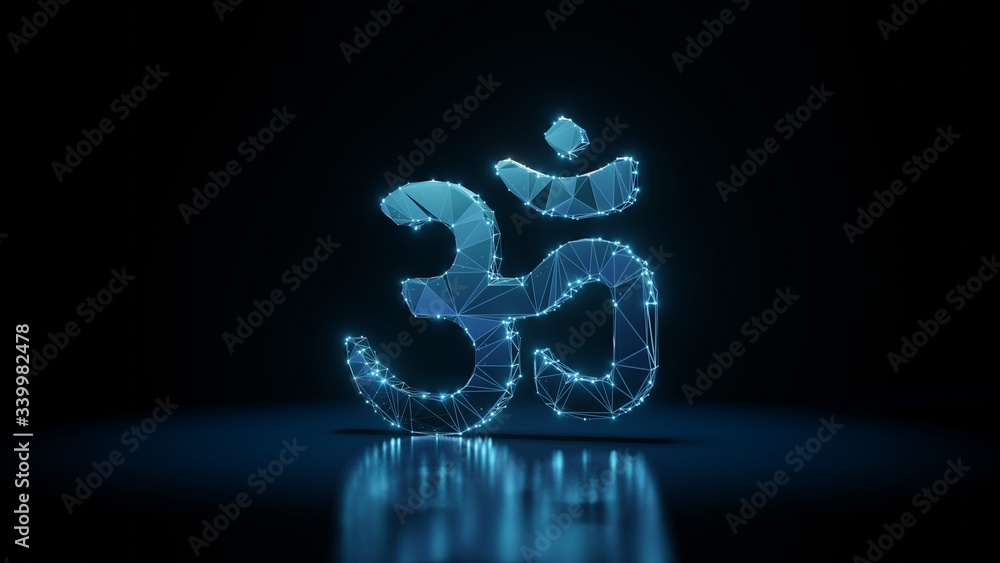 Poster 3d rendering wireframe neon glowing symbol of om on black background with reflection