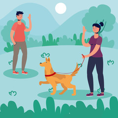 Fototapeta premium couple walking dog activity characters
