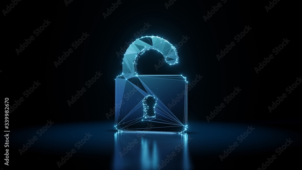 Poster 3d rendering wireframe neon glowing symbol of padlock on black background with reflection