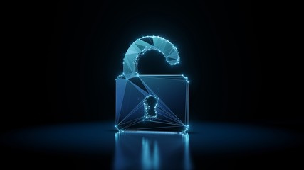 3d rendering wireframe neon glowing symbol of padlock on black background with reflection