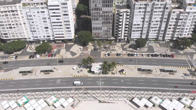 Top down view of Copacabana boulevard with the Portuguese tile decorated sidewalk and colourful pavement during the COVID-19 Corona virus outbreak