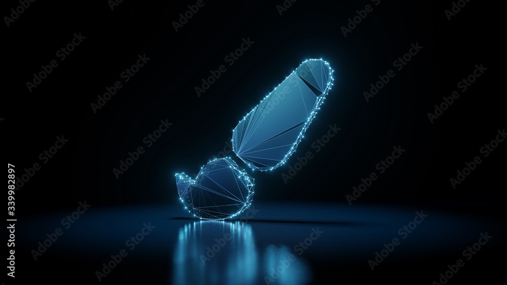 Poster 3d rendering wireframe neon glowing symbol of paint brush on black background with reflection