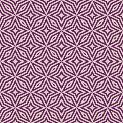 Vector abstract geometric seamless pattern. Ornamental texture with diamonds, floral shapes, stars, rhombuses, grid, net, lattice. Purple and lilac color. Simple ornament background. Repeat design