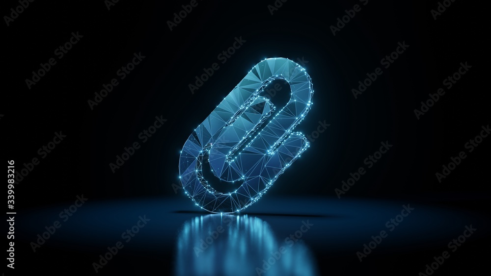 Poster 3d rendering wireframe neon glowing symbol of paperclip on black background with reflection