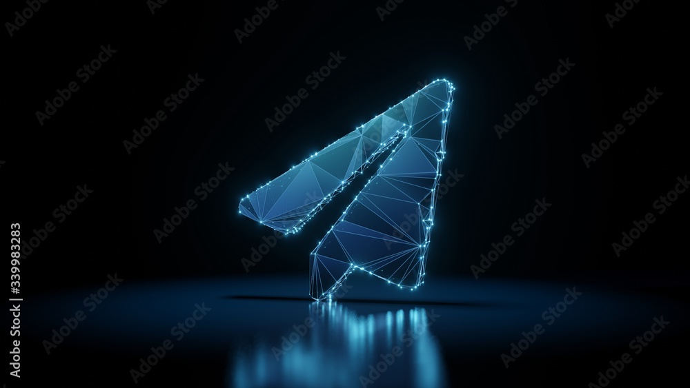 Poster 3d rendering wireframe neon glowing symbol of paper plane on black background with reflection