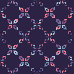 Vector geometric seamless pattern. Simple abstract ornament with small cross shapes, squares, arrows, grid. Stylish ornament with colorful particles on purple background. Elegant repeatable design.