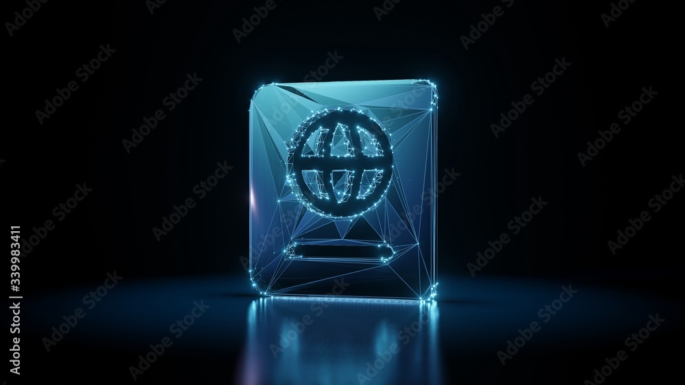 Aufkleber 3d rendering wireframe neon glowing symbol of passport on black background with reflection