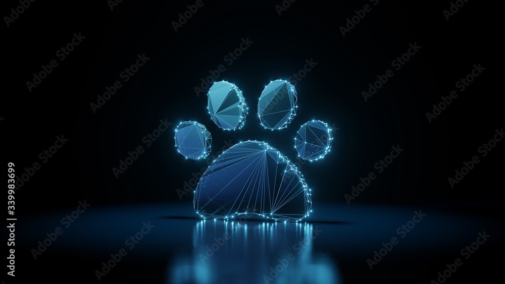 Aufkleber 3d rendering wireframe neon glowing symbol of paw on black background with reflection