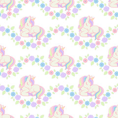 Seamless pattern with Cute Cartoon Lying down Unicorn with flowers. Vector illustration