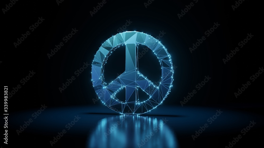 Poster 3d rendering wireframe neon glowing symbol of peace on black background with reflection
