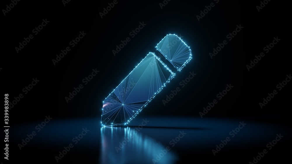 Poster 3d rendering wireframe neon glowing symbol of pen on black background with reflection
