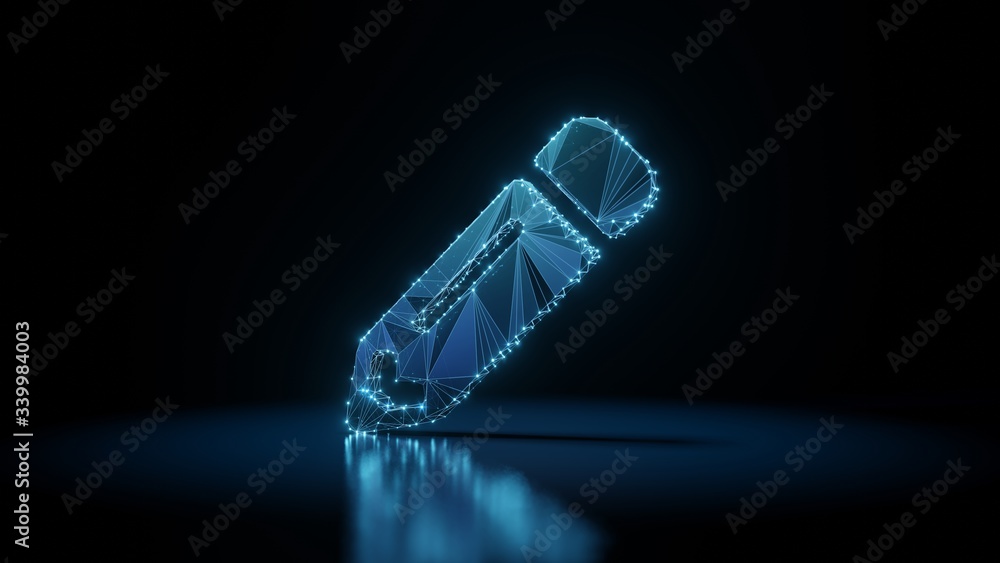 Poster 3d rendering wireframe neon glowing symbol of pencil alt on black background with reflection