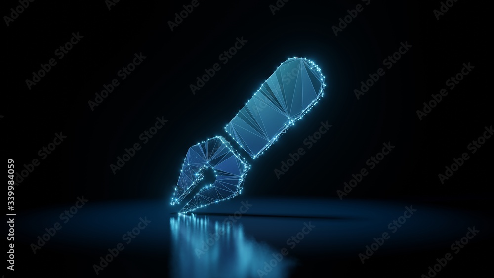 Poster 3d rendering wireframe neon glowing symbol of pen fancy on black background with reflection