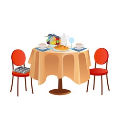 Breakfast table with tea croissants glasses and fruits. Vector  cartoon illustration.