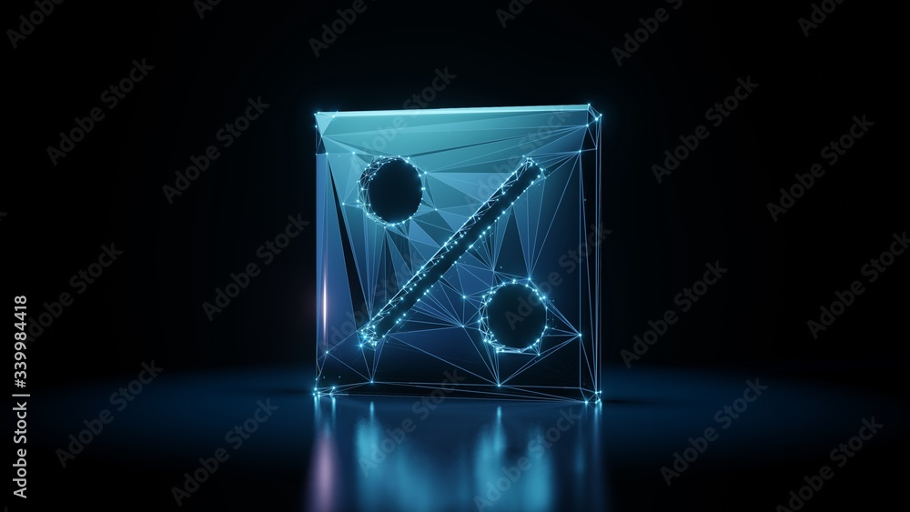 Poster 3d rendering wireframe neon glowing symbol of percent on black background with reflection