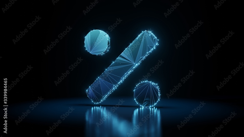 Poster 3d rendering wireframe neon glowing symbol of percentage on black background with reflection