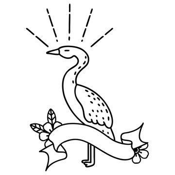 recommend clip art: banner with black line work tattoo style standing stork