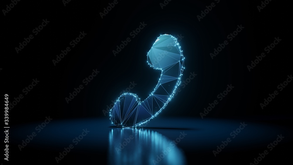 Poster 3d rendering wireframe neon glowing symbol of phone on black background with reflection