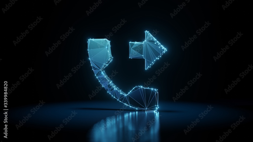 Poster 3d rendering wireframe neon glowing symbol of phone on black background with reflection