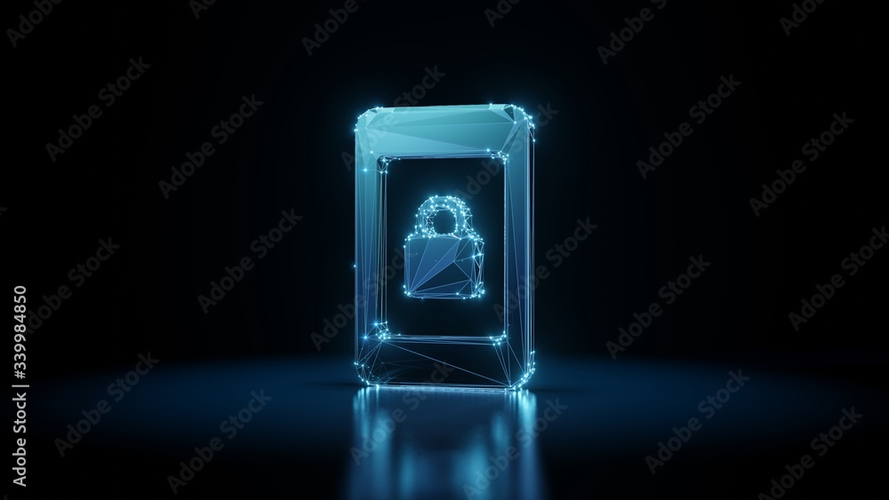 Poster 3d rendering wireframe neon glowing symbol of phone on black background with reflection