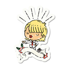 grunge sticker of tattoo style businesswoman pointing