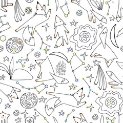 Obraz premium Modern seamless vector black and white pattern of lined cute dreamy foxes and planets in different poses on white background. Can be used for printing on paper, wallpaper, coloring, textiles.