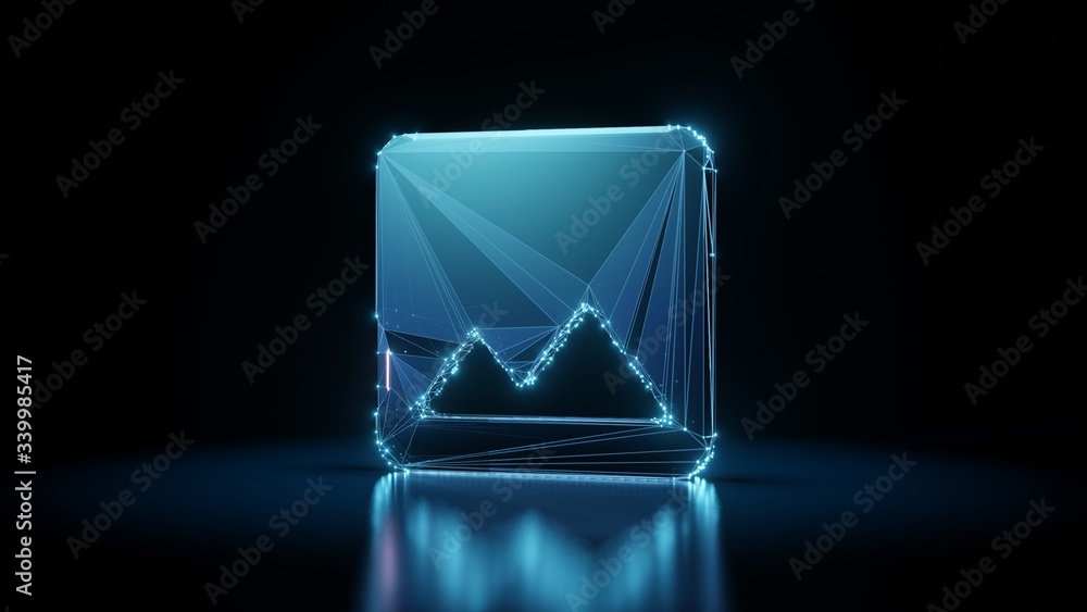 Poster 3d rendering wireframe neon glowing symbol of photo on black background with reflection