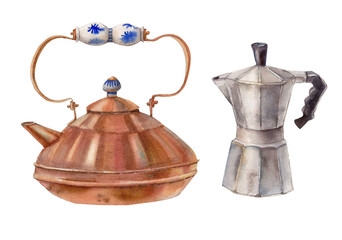 vintage copper kettle and coffee maker - watercolor illustration