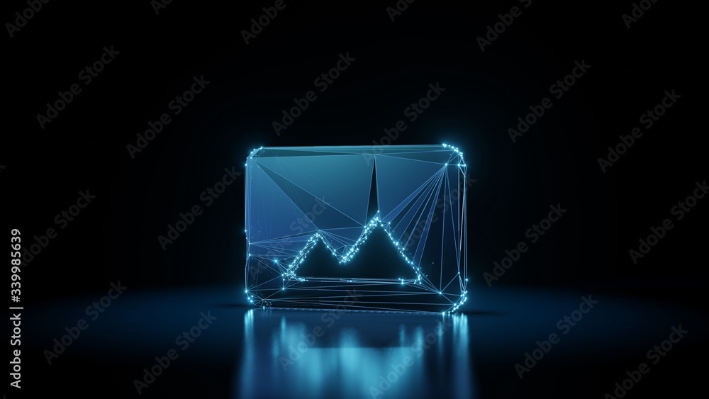 Poster 3d rendering wireframe neon glowing symbol of photo on black background with reflection