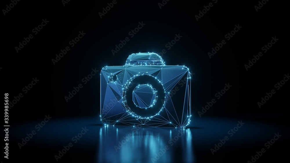 Poster 3d rendering wireframe neon glowing symbol of photo camera on black background with reflection