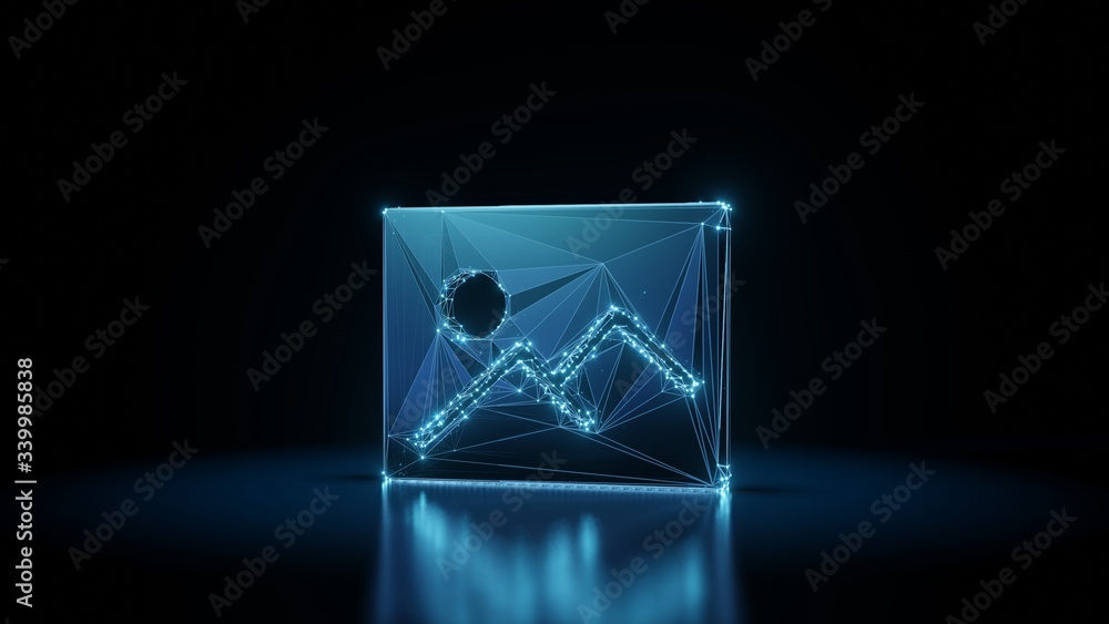 Poster 3d rendering wireframe neon glowing symbol of picture on black background with reflection