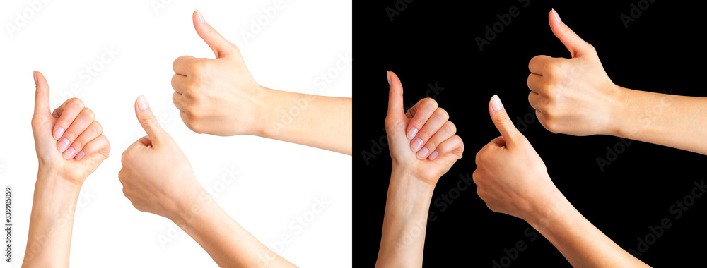 Wall mural woman holding hands in gesture of like sign, giving thumb up