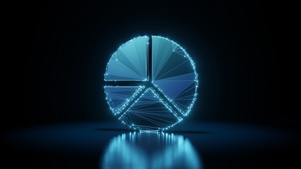 3d rendering wireframe neon glowing symbol of pie chart  on black background with reflection