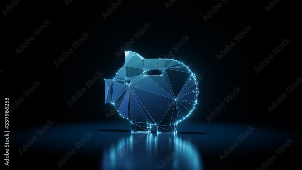 Poster 3d rendering wireframe neon glowing symbol of piggy bank on black background with reflection