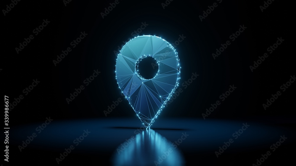 Poster 3d rendering wireframe neon glowing symbol of placeholder on black background with reflection
