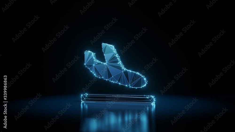 Poster 3d rendering wireframe neon glowing symbol of plane arrival on black background with reflection