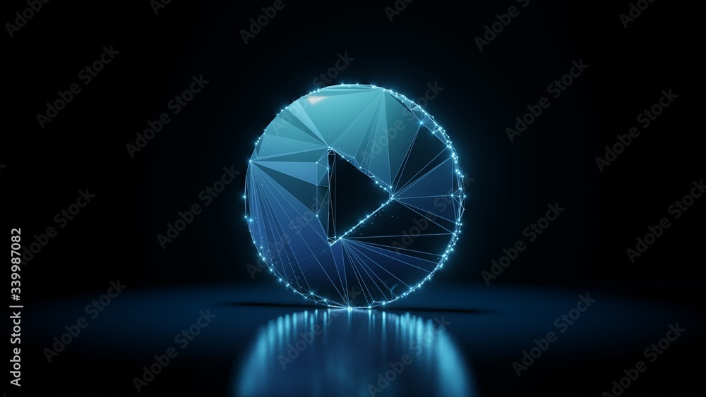 Poster 3d rendering wireframe neon glowing symbol of play on black background with reflection