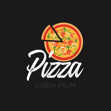 Pizza emblem, with ingredients on dark background. Logo design concept, pizzeria icon for cafes, restaurants.