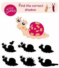 Children`s game - find the correct shadow. Vector illustration of cute cartoon snail.