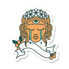 tattoo sticker with banner of female face with third eye crying