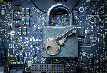 Cyber security lock. Security computer Data Internet protection with lock, key on microscheme chip....