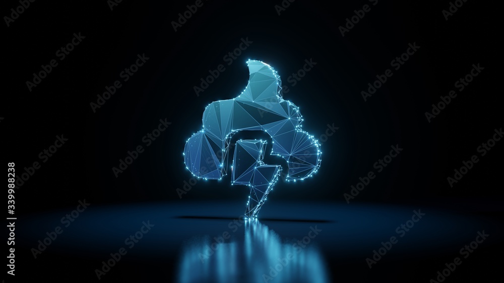 Poster 3d rendering wireframe neon glowing symbol of poo storm on black background with reflection