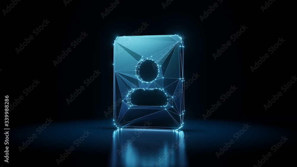 Poster 3d rendering wireframe neon glowing symbol of portrait on black background with reflection