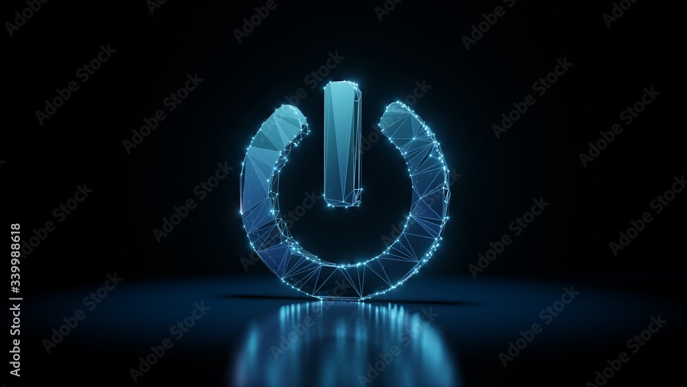 Poster 3d rendering wireframe neon glowing symbol of power off on black background with reflection