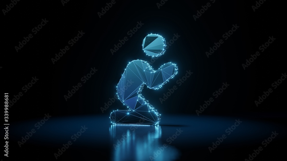 Poster 3d rendering wireframe neon glowing symbol of pray on black background with reflection