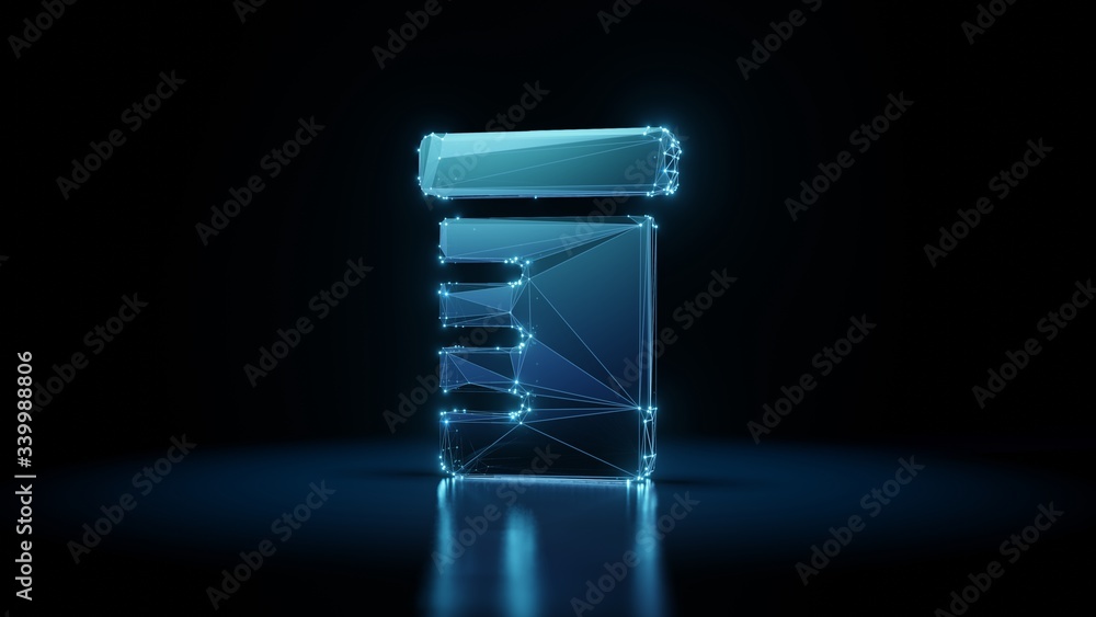 Poster 3d rendering wireframe neon glowing symbol of prescription bottle on black background with reflectio