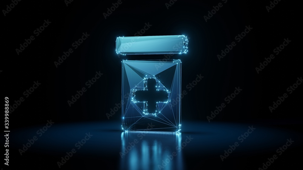 Poster 3d rendering wireframe neon glowing symbol of prescription bottle on black background with reflectio