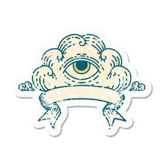 grunge sticker with banner of an all seeing eye cloud