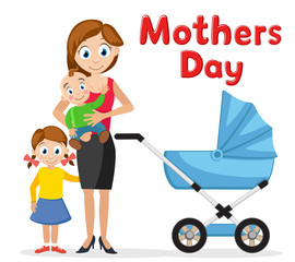 Mom with children and a stroller on a white. Mothers Day